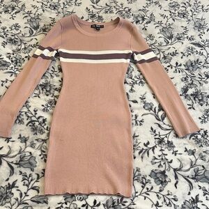 Say What? Pink Long Sleeve Dress with White and Purple Stripes